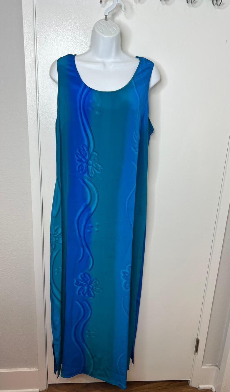 Simply Silk Women's 100% Silk Maxi Tank Dress Blue/Green Floral Swirl ~ Size XL